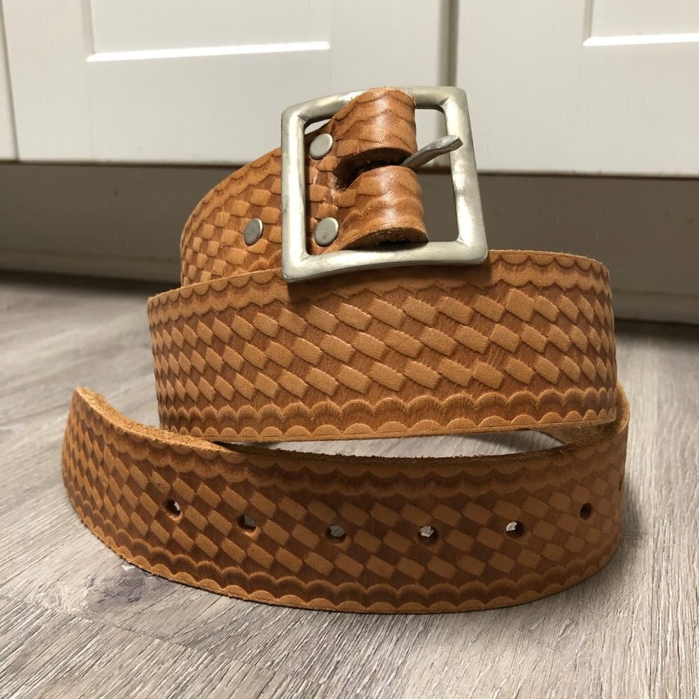 Vintage Wide Leather Belt Western Handtooled Silver Statement Chunky Buckle
